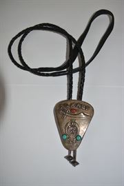 Shriner's Sterling bolo tie with turquoise and coral stones