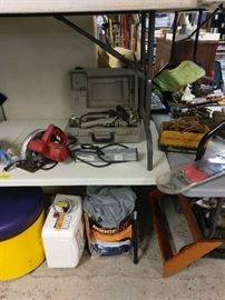 MORE tools, stools, hot water heater, car cover, vintage iron.
