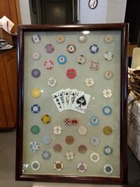 One of a kind! This display was custom made using Chips from Casinos all over the US and abroad. Dice from Riviera, Las Vegas and Caesar's Palace Cards. 