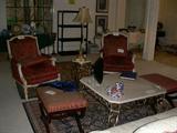 Footstools, arm chairs, marble top coffee table with matching side table and floor lamp (lamp not shown).