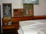 Headboard, night stands, bed, Indian art.