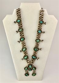 Turquoise and Silver Squash Blossom Necklace      