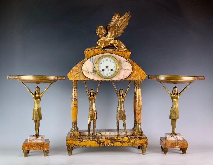 Art Deco Egyptian Revival Gilt Bronze 3pc Clock Garniture 