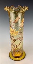 Huge 16" Galle Enameled Grasshopper & Floral Vase 