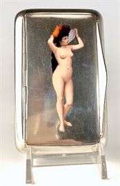 Enamel & Sterling Nude Erotic Cigarette Box    