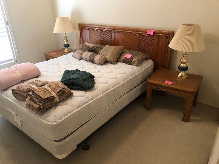Queen size mattress/king headboard 2 oak end tables and lamps