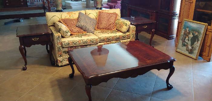 loveseat, two cherry end tables, large coffee table