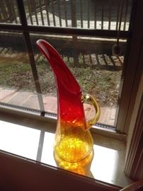 Blenko mid-century stretched crackle amber pitcher