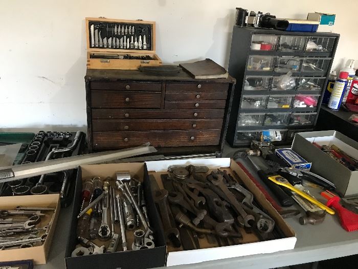 Carpenters box and hand tools 