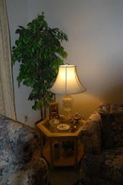 LAMP, OCCASIONAL TABLE, 2 BASSETT SOFAS 