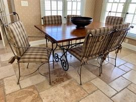 23.  Plank Top Dining Table on Metal Base (40" x 66" x 30")                                                                                                                        22. Metal Dining Chairs w/ Pads 2 Arm Chairs (18" x 27" x 40") 4 Side Chairs (20" x 21" x 34")