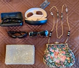 45. Lanvin, Maui Jim, YSL & Seraphin Sunglasses                 51. Walarg Rhinestone Evening Bag Handmade                                                                                                             52. Pentimento Vintage Needle Point Evening Bag