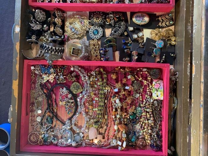 Newer statement costume jewelry with a few vintage pieces mixed in, all 50% off!