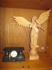 Gorgeous carved wood angel with removable wings, slate mantle clock needs work
