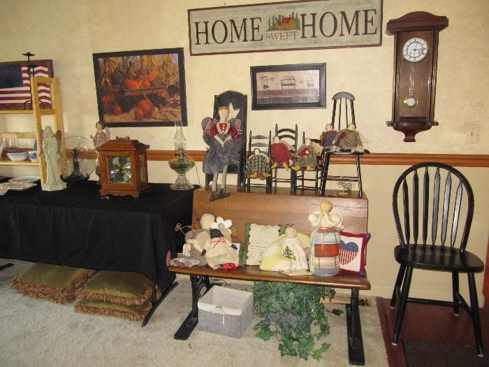 Antique school desk, miniature chairs, cloth angels and more!