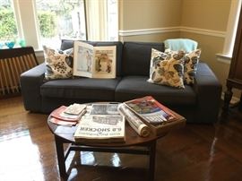 Blue-gray microfiber sofa, accent pillows, Norman Rockwell book, Coffee Table, Ephemera.