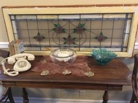 Vintage telephone, Brass bookends, Glass Bowl made in Poland, Blown Art Glass bowl, organza scarf.