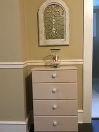 Painted chest of drawers,  Shabby Chic style arched mirror, Hand Painted Glass vase.