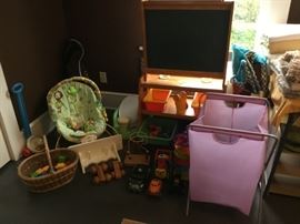 Children’s toys; Fischer Price, Easel station (chalk board, white board,paper roll), blocks, etc