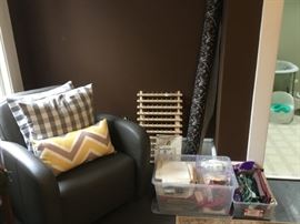 Leather Cub Chair, Throw Pillows, Sewing notions, fabric, remnants, brown and white upholstery weight fabric, spool holder