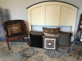 Cane back chair, throw pillows, Full/Queen Headboard