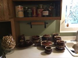 Vintage Tins, Hull brown dish ware, glass of corks