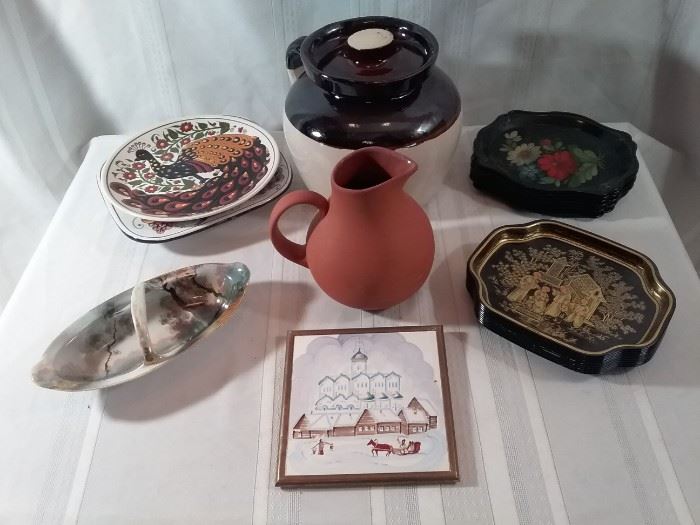 Collection of Metal Dishes, Pottery, and More