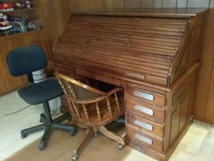 Roll Top Desk, Two Chairs, Two Floor Mats