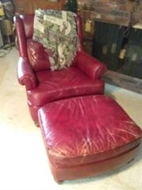 Vintage Red Distressed Leather Chair and Ottoman