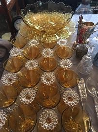 Amber glass candlewick glasses & amber glass punch bowl with underplate