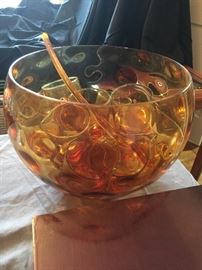 Amber glass punch bowl with cups and glass ladle