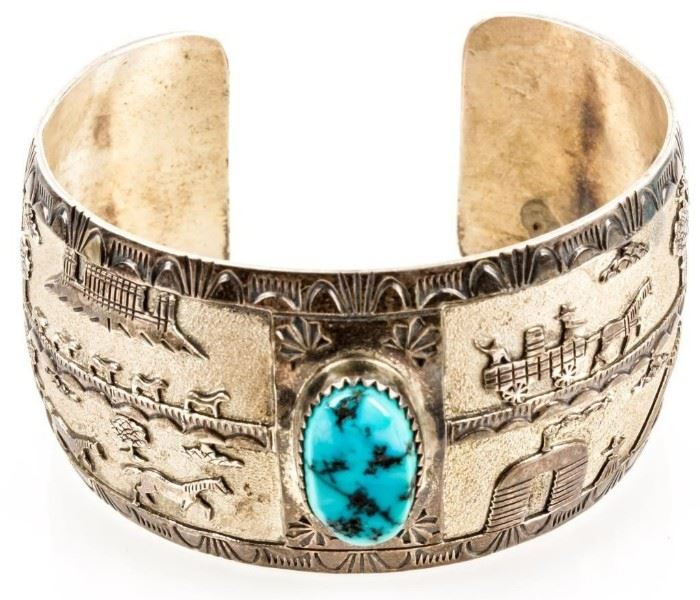 Lot 390 - Jewelry Sterling Silver Turquoise Cuff Bracelet