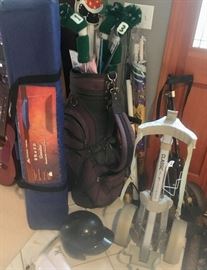Golf carts, bag, clubs, umbrella