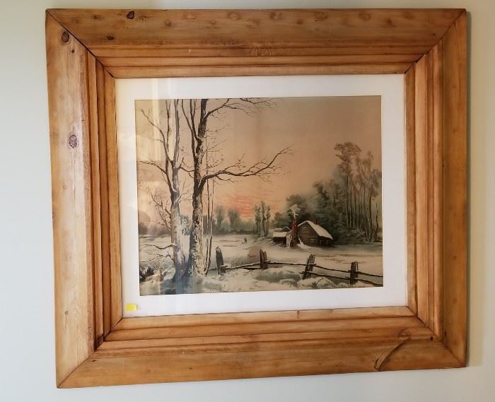 Framed Winter Cabin Scene
