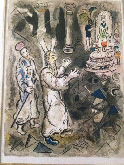 Chagall  "Moses and Aaron speak to the Pharoah"  lithograph on paper