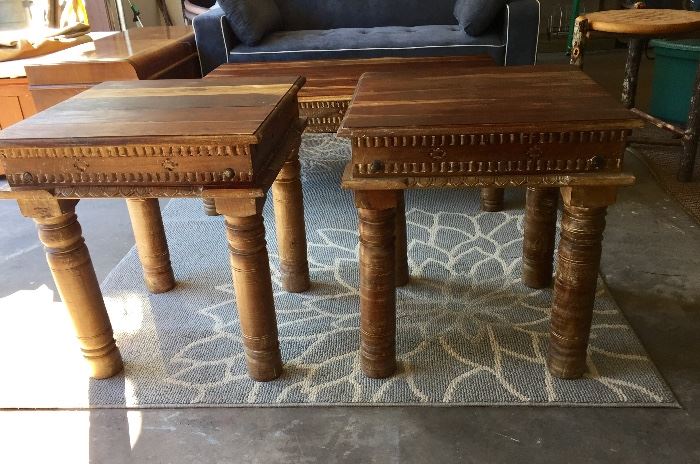 Two matching rustic side tables