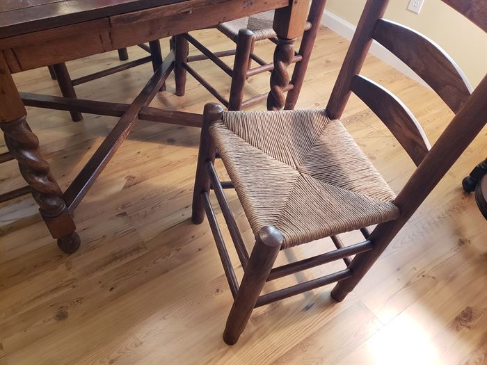 Antique Expandable Table w/ Barley Twist Legs and Ladderback Rush Seat Chairs