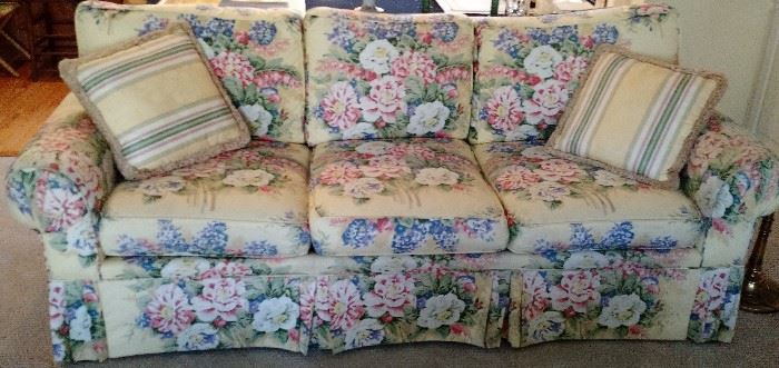 Yellow was " Kitty’s" favorite color, and chosen well was this 3-Cushion Floral sofa, extra thick roll arms with matching pillows.  Great condition.