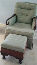 Vintage Upholstered Chair with Solid Wood Curved Arms and  Matching Footstool with Squat Legs.