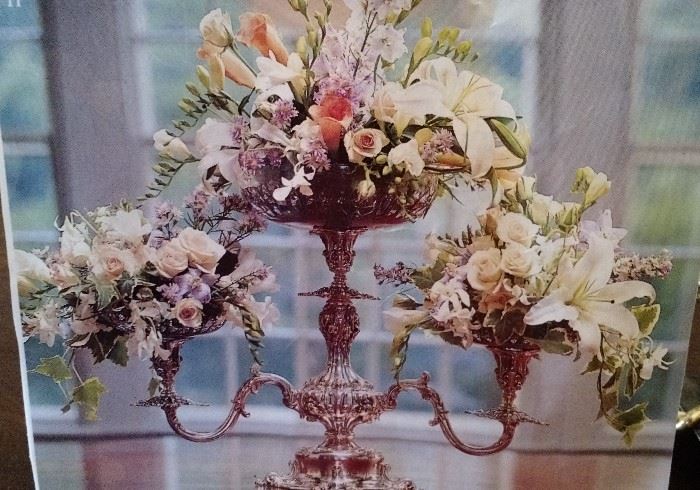 Reed and Barton Silver plate Epergne Candelabra shown her with floral arrangement. 