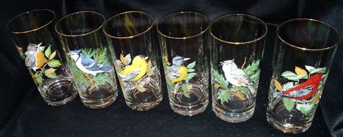 Set of 6 Different Bird Decor Iced Tea Glasses 