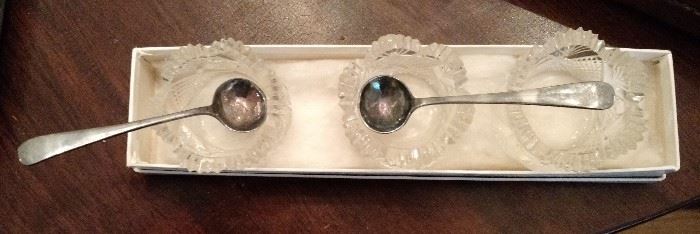 Another view of the Vintage Salt  & Pepper Crystal Glass Bowls and Sterling Silver Spoons.