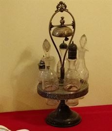  Silver Plated Cruet 6 piece set With Attached Service  Bell and 5 Etched Cruets, Edwardian Style 1900-1940