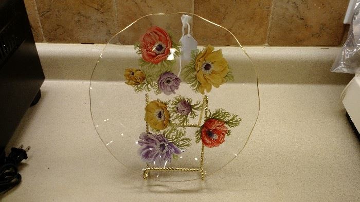 9” Clear hand painted Decorative Glass Plate.  Fusion Art Glass