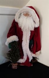 31"  Old World Santa Claus Figurine With Evergreen Tree and Lantern Wearing Red Velvet Hooded Coat with White Faux Fur Trim