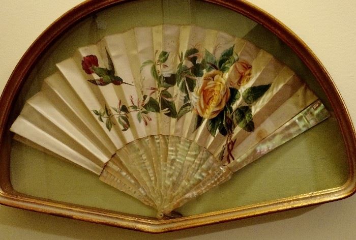 Vintage Fan in Gold Shadowbox Frame with Abalone Accents