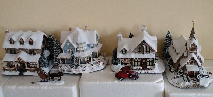 Hawthorne Christmas Village pieces includes Church, Bed and Breakfast, Toy Shop , Gift Shop, Red Car and Horse and Sleigh.