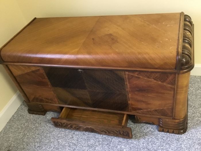 Antique Cedar Chest showing drawer in bottom