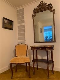 Marble Top Vanity with Brass Rail, Gilt Mirror