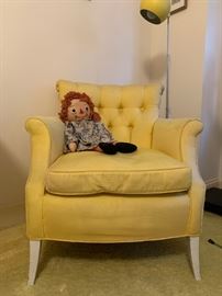 Vintage Raggedy Ann Doll, Yellow Armchair with Tufted Back